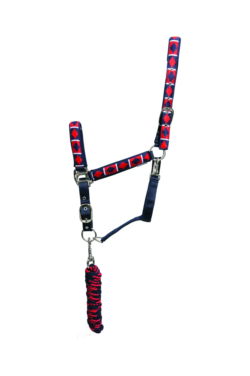 Hy Equestrian Woven Polo Head Collar And Lead Rope - Navy/Red